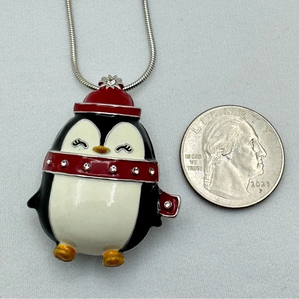 Silver Tone Enamel Penguin Necklace Winter Holiday Cute Boho Long Snake Chain
